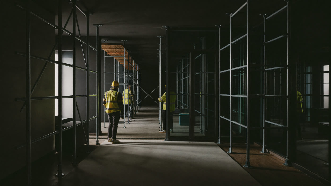 Chantier de rénovation intérieure avec échafaudages et compagnons en gilets