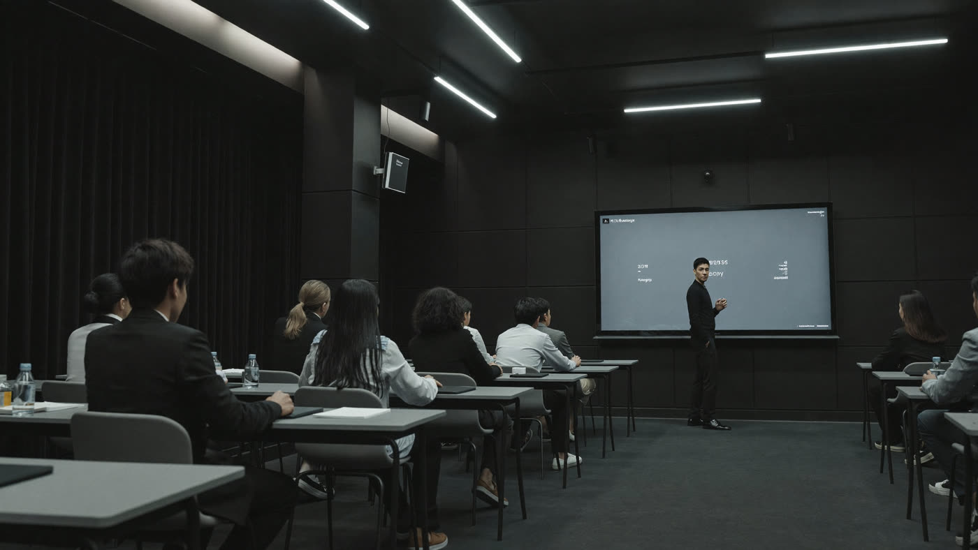 Session de formation professionnelle en salle, formateur devant un écran